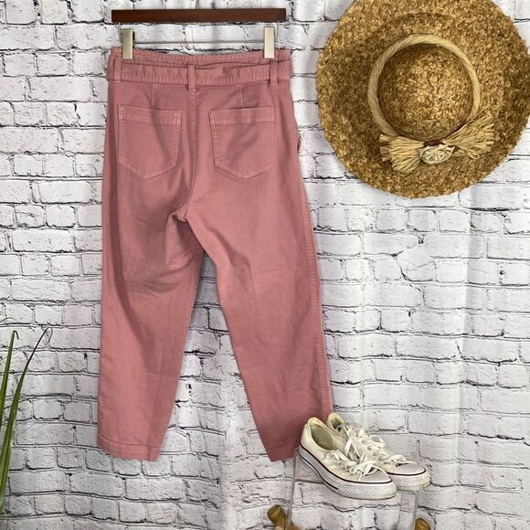 Loft Cropped PaperBag High -Rise Cotton Twill Pants‎ Tie Waist Pink 4P - Picture 4 of 12